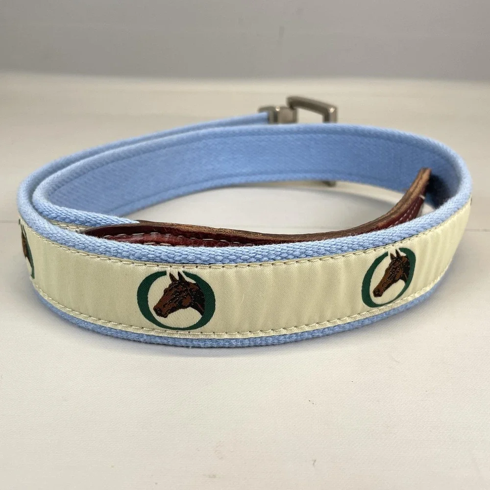 YRI Belt Mens Light Blue Horse Ribbon Canvas Leather Buckle Equestrian